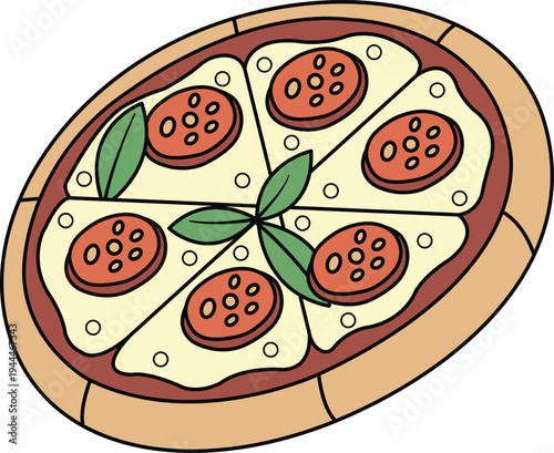 Delicious tomato and cheese pizza with green basil leaves on top vector illustration