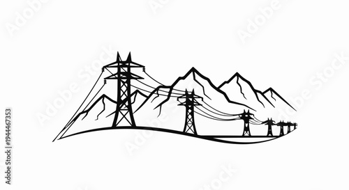 Power lines traverse a mountainous landscape, connecting electricity across terrain
