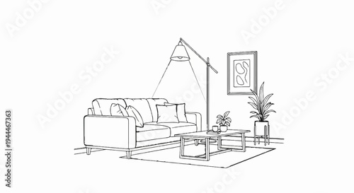 Minimalist living room with sofa, floor lamp, coffee table, and plants