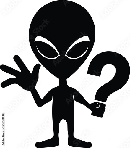 Curious alien character posing a question with a giant question mark