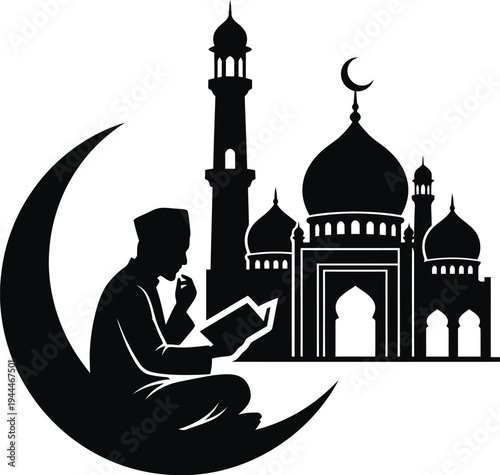 Black silhouette of a person sitting on a crescent moon reading near a mosque