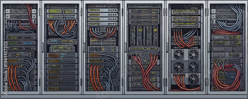 Rows of tall server racks filled with complex electronic equipment and wiring
