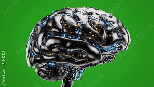 Futuristic metallic brain with glowing blue neural connections and microchips against a green background
