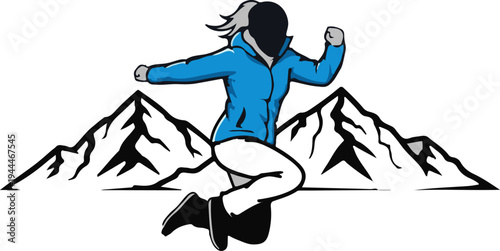 Person in blue jacket jumping over mountains