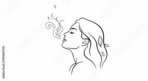 Minimalist outline of woman exhaling smoke and leaves