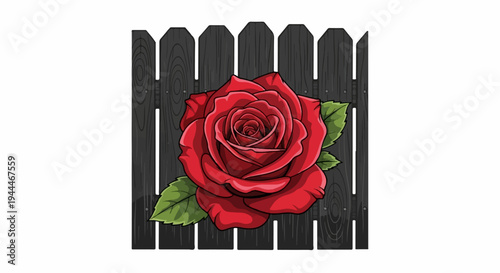 Realistic red rose with green leaves against a dark wooden fence