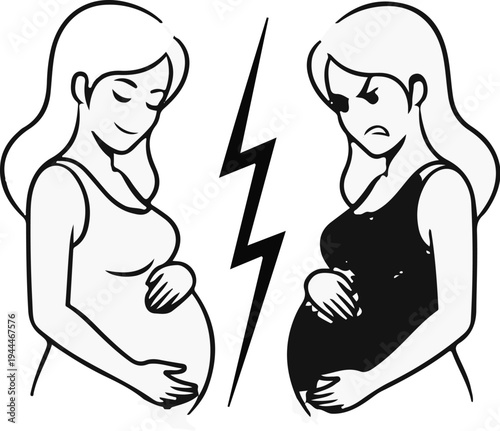 Pregnant women with contrasting emotions separated by a lightning bolt