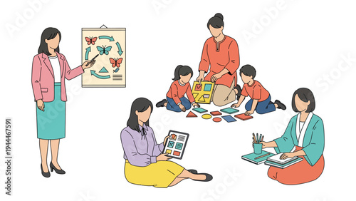 Classroom activities with teachers and kids: A teacher explains butterfly transformation cycle on poster. Other teachers facilitate activity with kid with tools for reading and creating.
