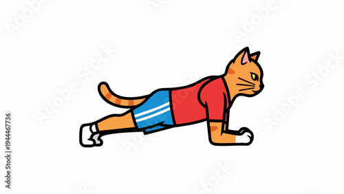 Cartoon cat doing plank exercise wearing red shirt and blue shorts.