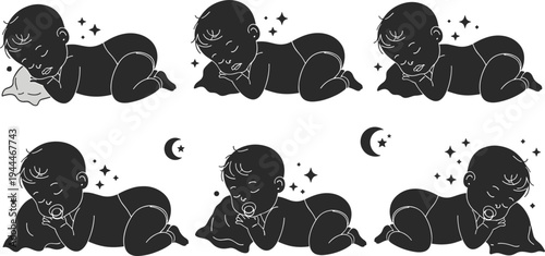 Sleeping baby silhouette collection cute newborn child lying and resting poses black silhouette cartoon flat vector illustration set
