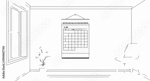 Minimalist room with window, plant, chair, and calendar on wall