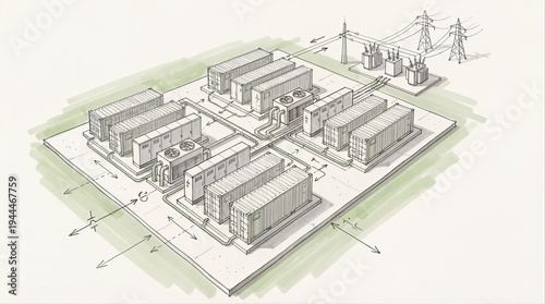  Grid Scale Battery Energy Storage Facility Concept Sketch with Power Infrastructure