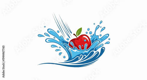 Red apple splashing into clear blue water
