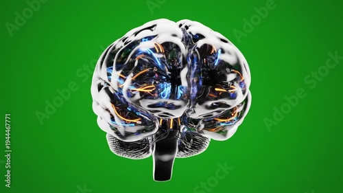 Brain rendered with clear outer shell, electrical activity of nerves and neurons visualized on a green background
