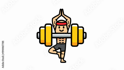 Cartoon man balancing heavy barbell in yoga tree pose.