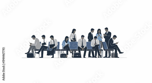 Professionals waiting in line, absorbed in their devices, in a stark setting