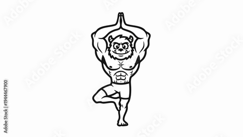 Muscular Bear Doing Yoga Tree Pose Illustration.