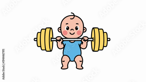 Cute cartoon baby character lifting heavy barbell with determination.