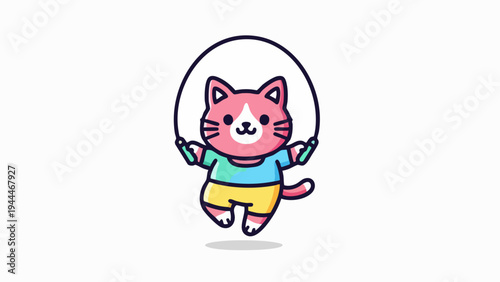 Cute pink cat cartoon character jumping rope for exercise.