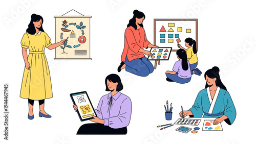 Education Moments: Capturing scenes of educators in action, from presentation to hands-on interaction and focused illustration. Shows knowledge transfer and the spirit of teaching.