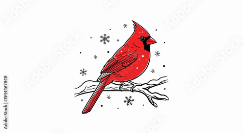 Red cardinal perched on a branch with falling snowflakes