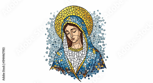 Portrait of a serene woman in a blue veil with a golden halo