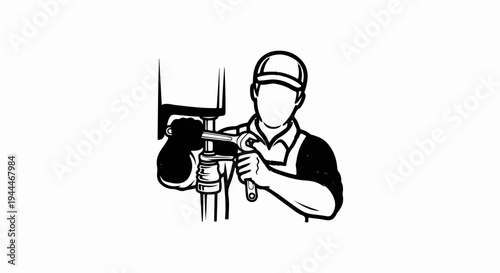 Person in cap and apron fixing pipes with wrench, simplified outline