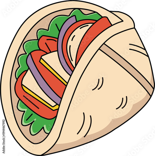 A delicious mexican food burrito wrapped with meat and vegetables vector illustration