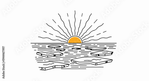 Minimalist sunrise over icy water with abstract rays