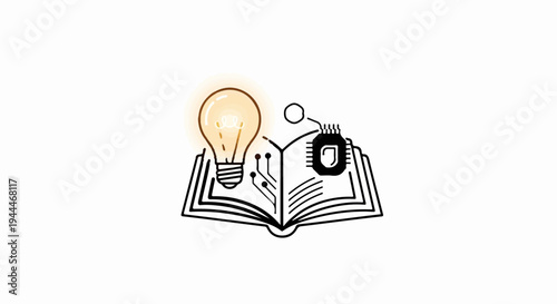 Open book with glowing lightbulb and circuit board
