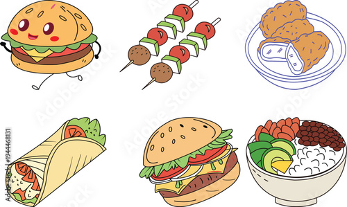 Tasty fast food menu items including burger, shawarma, kebabs and salad vector illustration
