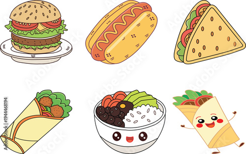 A variety of popular fast food items including burger hot dog taco burrito sushi and sandwich vector illustration