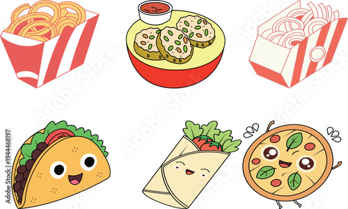 Collection of fast food items including fries, sushi, pizza, taco and shawarma vector illustration