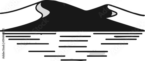 Minimalist depiction of desert dunes reflected in calm water