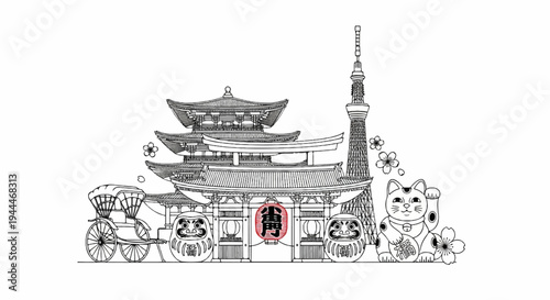 A Japanese scene featuring a pagoda, tower, rickshaw, daruma dolls, and lucky cat