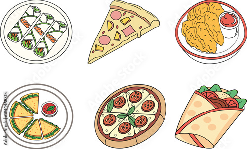 Delicious variety of food including pizza slice, sushi, fries, and tacos vector illustration