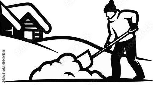 Person in hat shoveling snow near a house in a winter landscape