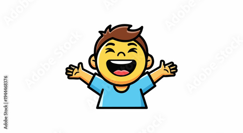 A joyful cartoon child with arms outstretched in a bright blue shirt