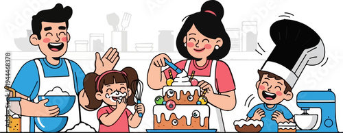 A joyful family decorates a fun, spooky cake together in a kitchen