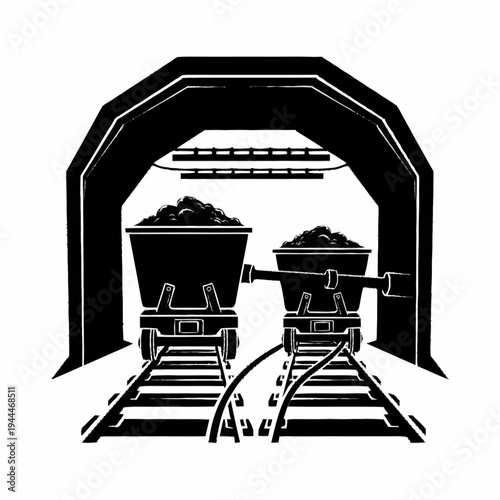 Coal mining carts on tracks inside a mine tunnel.