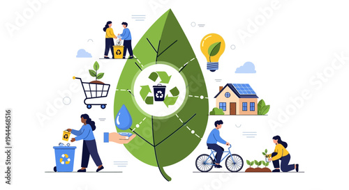 Sustainability & Eco-Friendly Living Concept: Green Environment, Recycling, Renewable Energy, and Conscious Lifestyle Actions