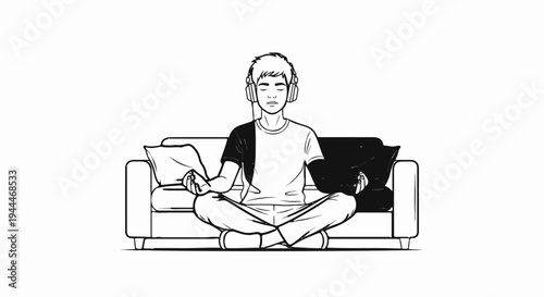 Person in headphones meditating on a couch, balanced pose, peaceful