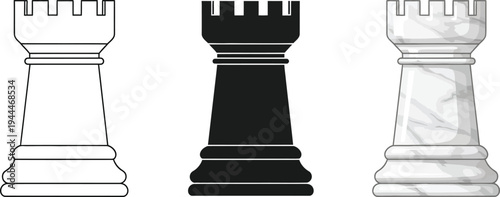 Set of three chess rook pieces including outline solid black and marble texture styles perfect for game design strategy concepts or educational content