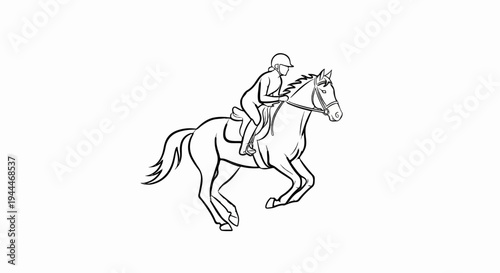 A line drawing depicts a person riding a horse with a helmet and saddle