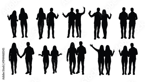Collection of diverse human silhouettes in various poses and interactions