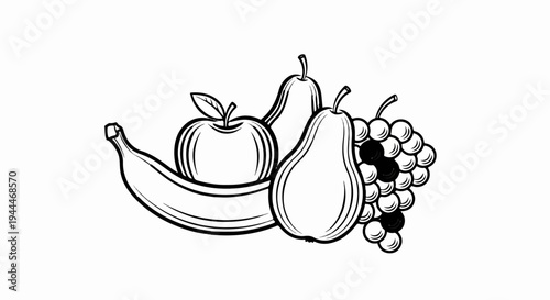 A line drawing of a bunch of fruits, including a banana, apple, pears, and grapes