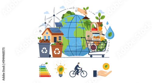 Sustainable Earth Concept: Renewable Energy, Recycling, Organic Food, and Eco-Friendly Lifestyle for a Green Future