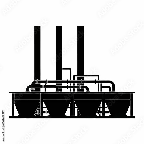 Industrial Factory Silos and Chimneys Silhouette.