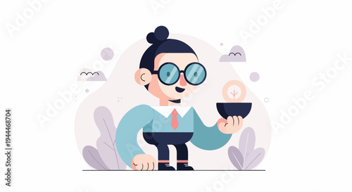 A cheerful individual with round glasses, a bun, and a tie, holding a light bulb idea