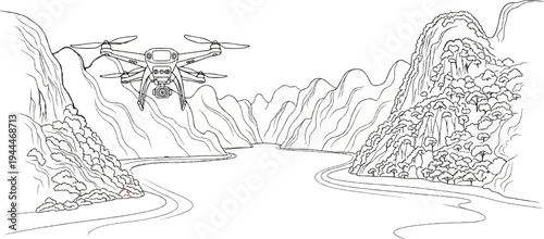 Quadcopter surveys a scenic river valley with lush, rocky hillsides